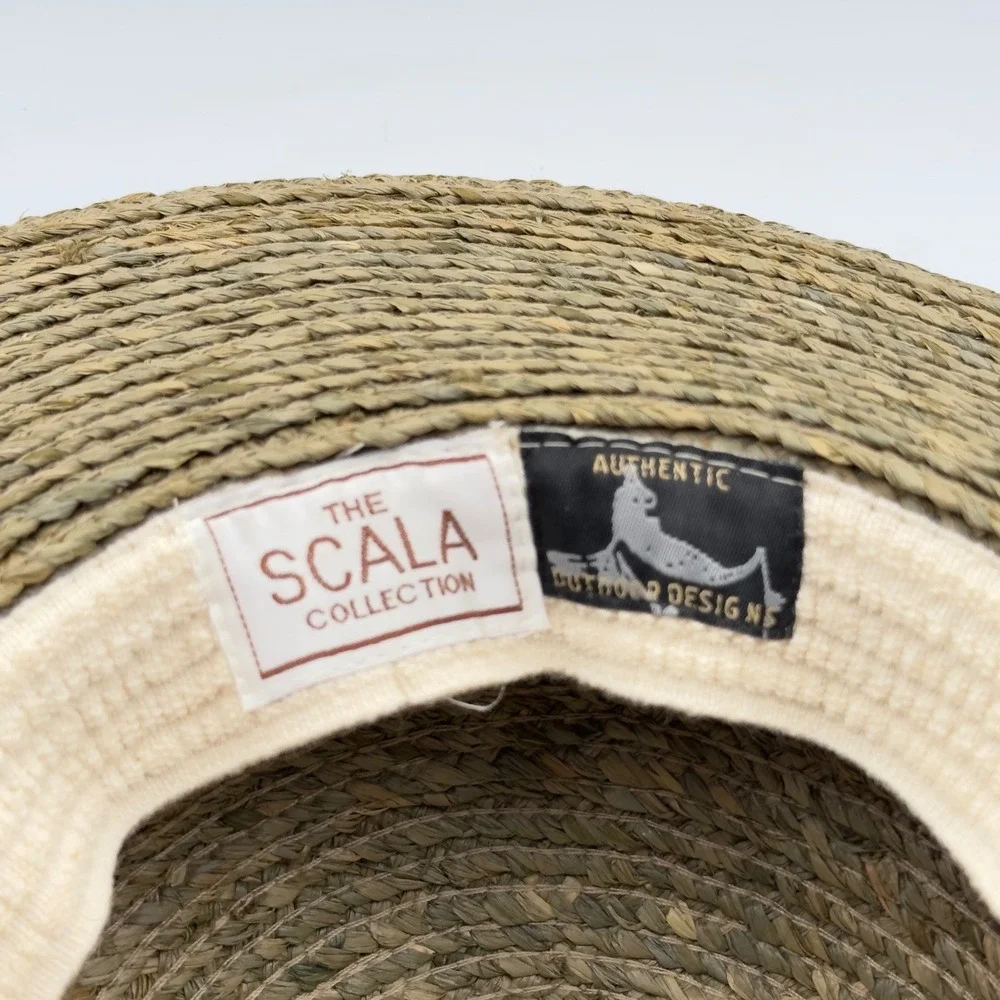 Scala Collection Straw Sun Hat Tan Wide Brim Palm Tree Embroidered Band Coastal